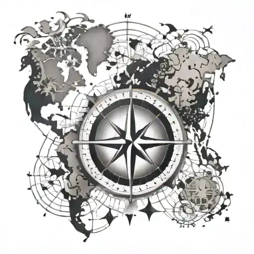 Compass Rose And Footprints And World Map