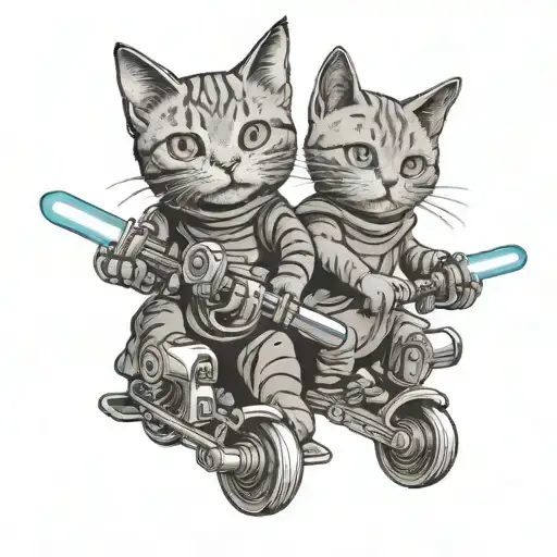 One Short Hair Cat One Long Hair Cat Wearing Rollerblades And Fighting With Lightsabers