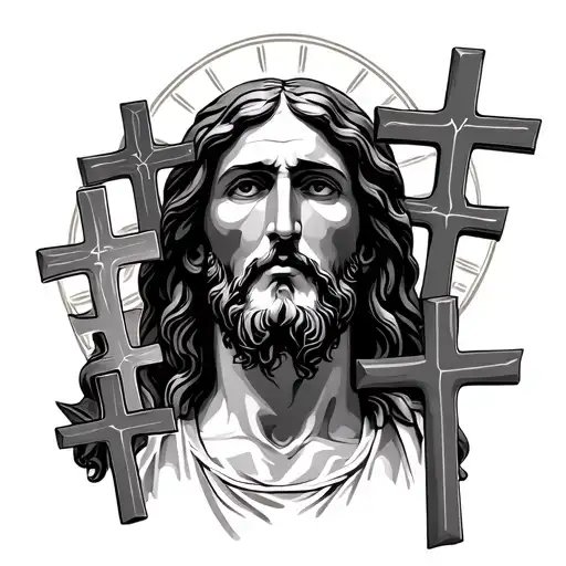 A Bunch Of Little Crosses And Jesus Christ