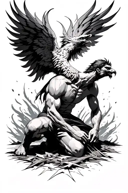 Phoenix Rising From Broken Man Kneeling