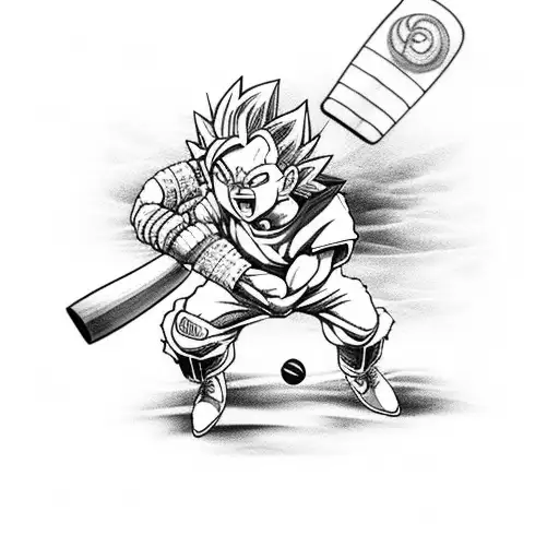 Design A Tattoo Of A Dragon Ball Z Character Playing Cricket On A Beach