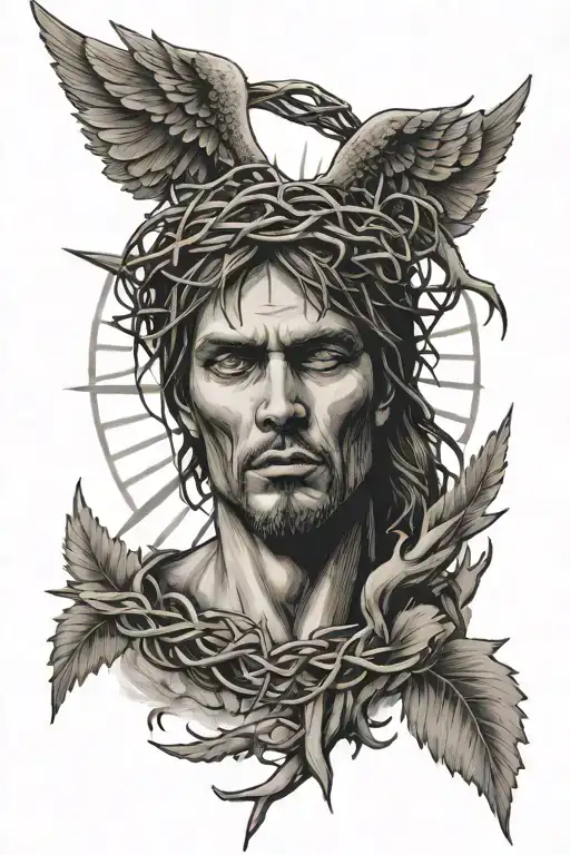 Crown Of Thorns Tattoo With Clouds And Sun Rays With Angel Wings