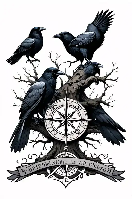 Trees With 2 Ravens And A Nordic Compass With Runes