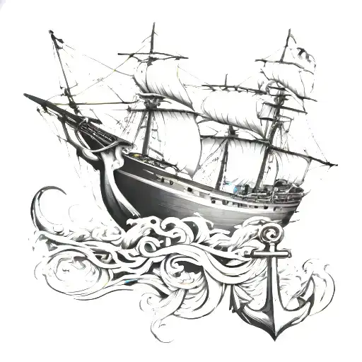 Sailing Ship And Anchor And Sea