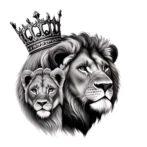 Realistic Male Lion With Crown And Two Cubs Face Only