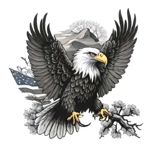 Bald Eagle With Trees And American Flag Inside