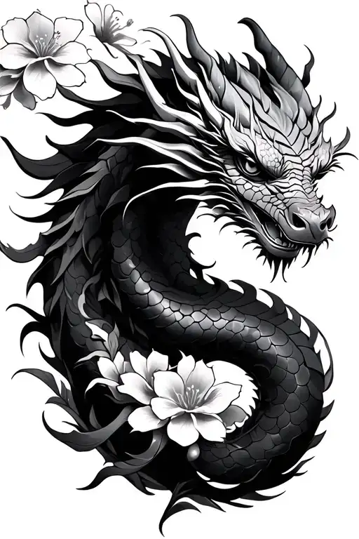 Dragon Sleeve Tattoo With Cherry Blossom Flower Blooming