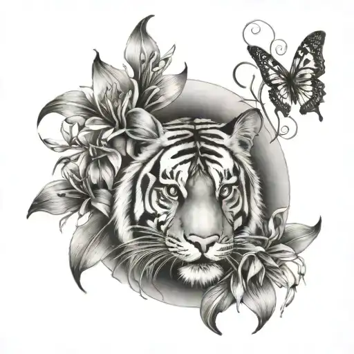 Tiger With Tiger Lillies Growing