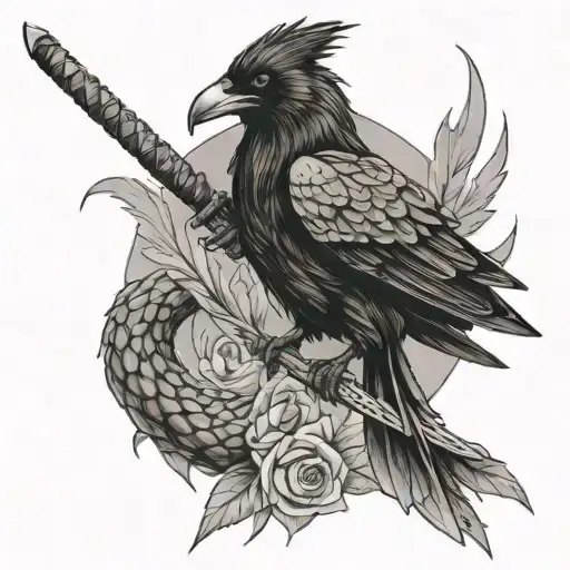Raven With Two Braids On His Forearm Dragon With A Katana