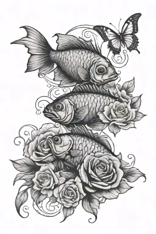 A Two Pisces Fish Withroses And Butterflies
