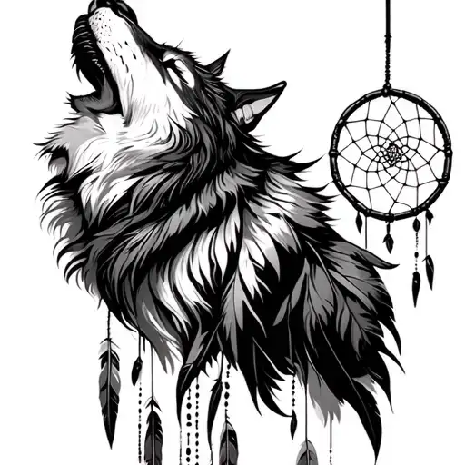 Wolf Howling Off Dream Catcher With Feathers Draping Down Side