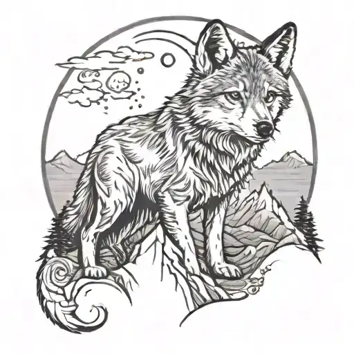 Wolf Cub And Mountain With Moon And Cloud