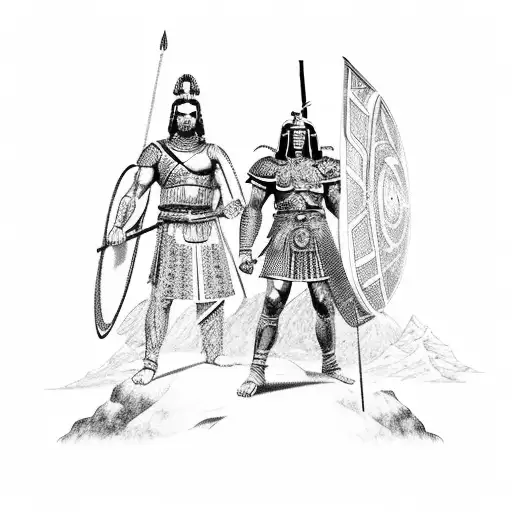 Roman Warrior And Eyptain God Horus And Samurai Standing In Front Of Mountain