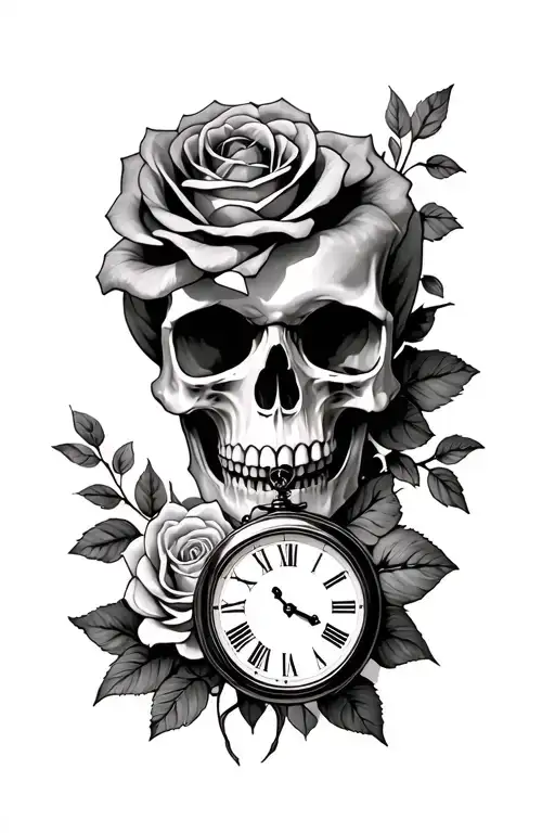 Skull With A Clock With Rose On Under Forearm