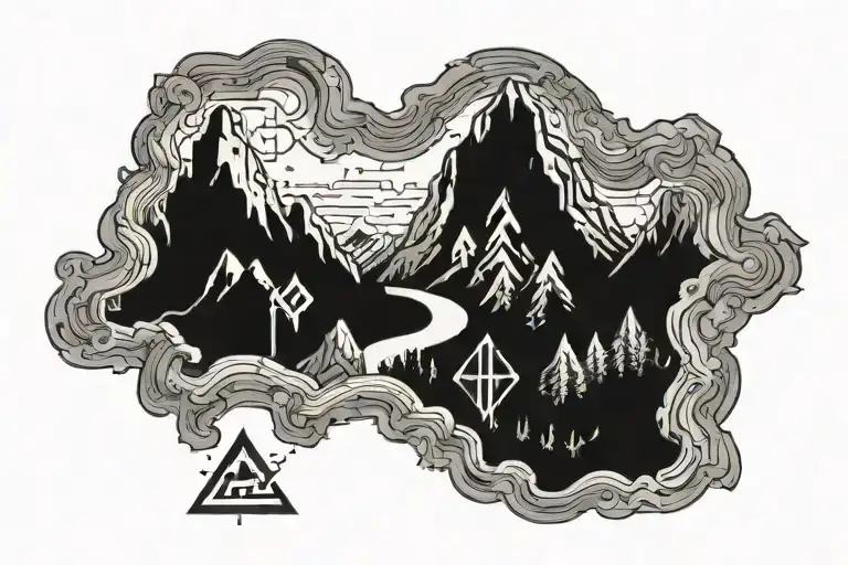 Pixelated Mountain Landscape With Cyber Sigil