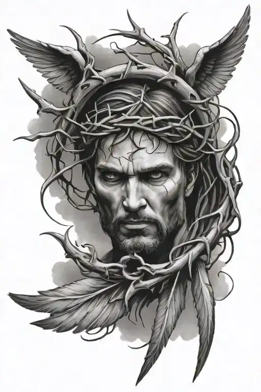 Crown Of Thorns With Angel Wings And Clouds
