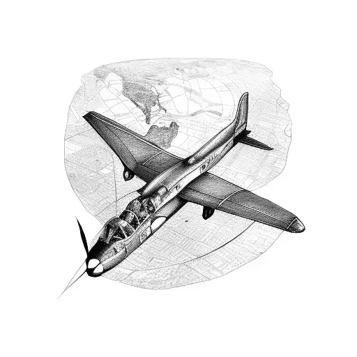 A Detailed Black And Grey Sketch Of A Vintage Plane Flying Over A Map