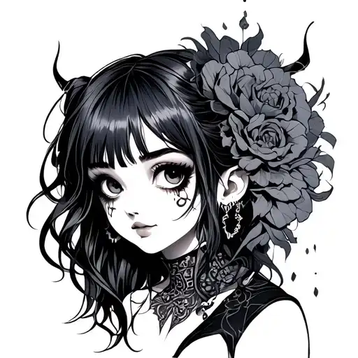Technicolor Neotraditional Kawaii Style Girl With A Black And Gray Illustrative Demonic Side