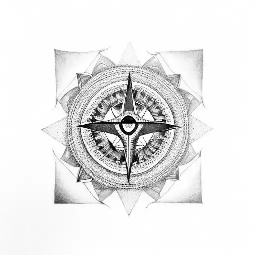 A Black-grey Tattoo Of A Freemasonry Compass And Square Merged With Indian Mandala Patterns