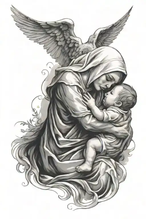 Angle Baby Watching Over Grieving Mother Mary Holding