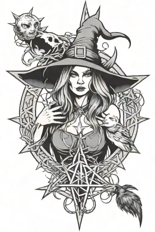 A Witch With Disheveled Hair On The Background Of A Pentagram With Symbols