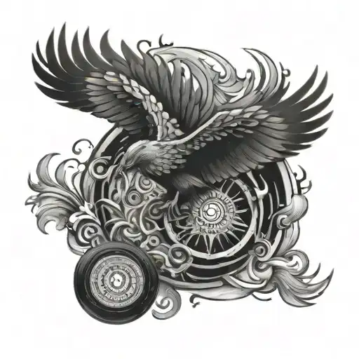 Colorful Phoenix Spreading Wings In Cosmic Space Backround With Wheel Of Samsara