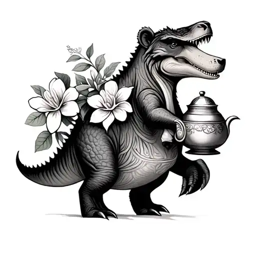 Bear Riding Dinosaur Holding Jasmine Flower And Teapot