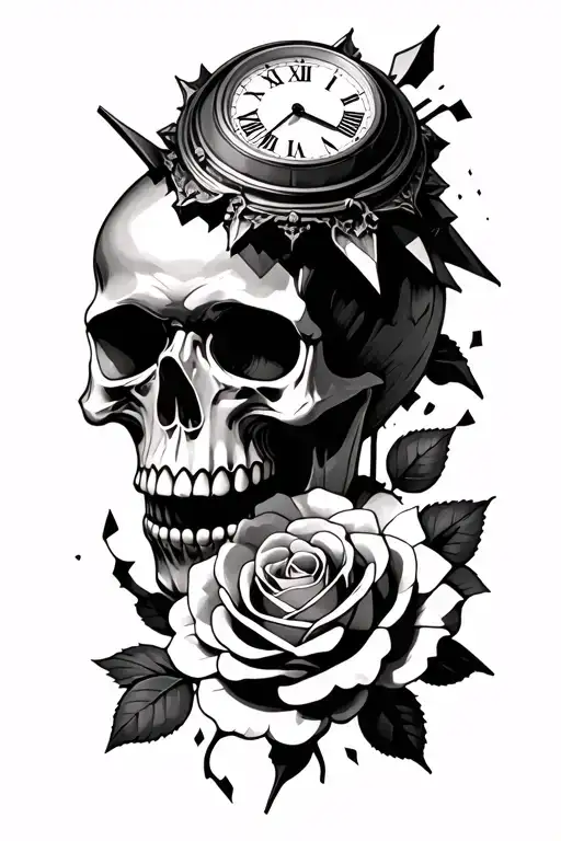Skull With A Clock With Shards Turning Into A Rose On Under Forearm