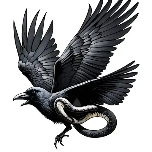 Crow Flies With Snake In Mouth Open