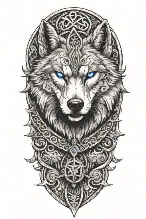 Wolf With Blue Eyes On Armor Tattoo Design Featuring Trinity Knot
