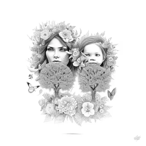 An Intricate Black And Grey Design Of A Mother And Daughter Surrounded By Nature And Butterflies