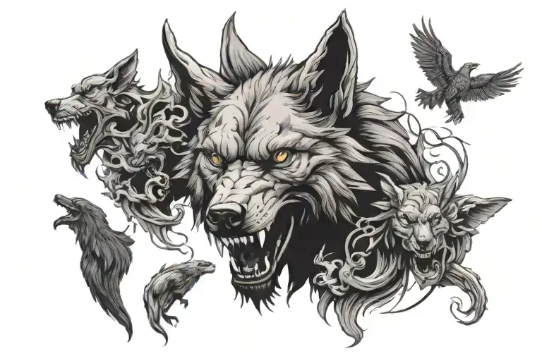 Giant Wolf Head With Demonic And Angelic Figure Surrounded By Demons
