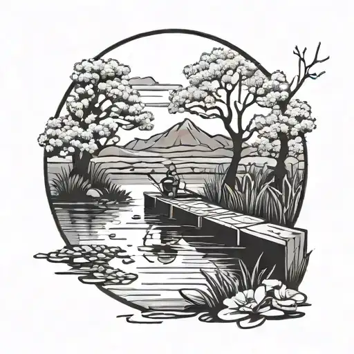 A Serene Fishing Scene By A Tranquil Lake In The Midst Of Spring Blossoms