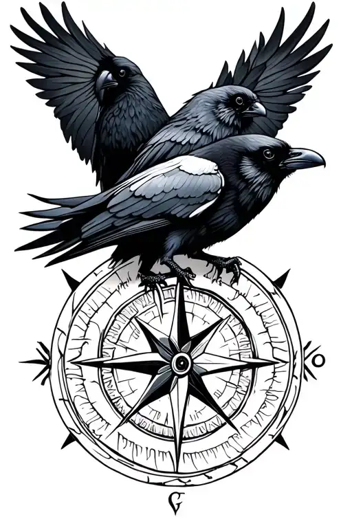 Forest With 2 Ravens And A Nordic Compass