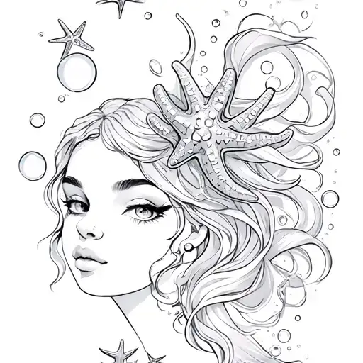 Mermaid Face Bubbles Starfish Vintage