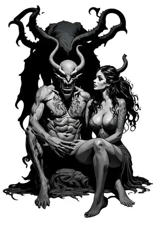 Demon Man And A Woman Sitting