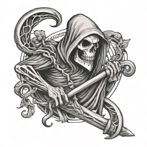Grim Reaper Holding Scythe And Apple With Snake Wrapped Apple