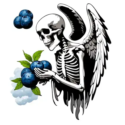 A Crying Angel Skeleton Fying Towards The Clouds Holding One Blueberry