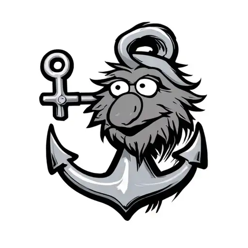 The Muppet Beaker Holding An Anchor In A Black And White Line Tattoo Design