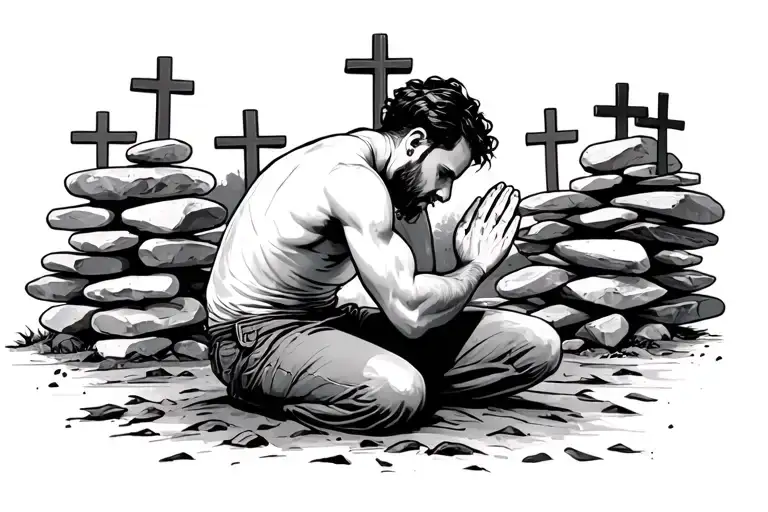 Man Kneeling Praying At Stack Of Stones 3 Crosses In Background