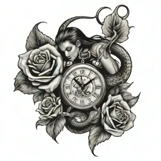 Nature And King Cobra Snake And Woman Holding Roses And A Clock Watch