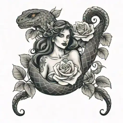Mother Nature And A Snake With Roses In A Forest