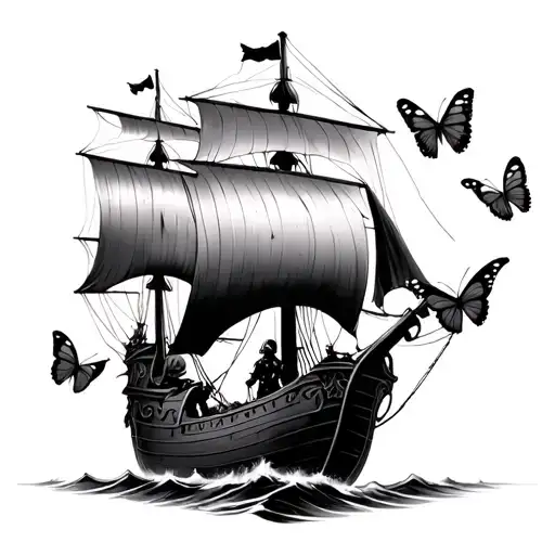 Viking Pirate Ship With Soldier Fading Into Butterflies On Bow