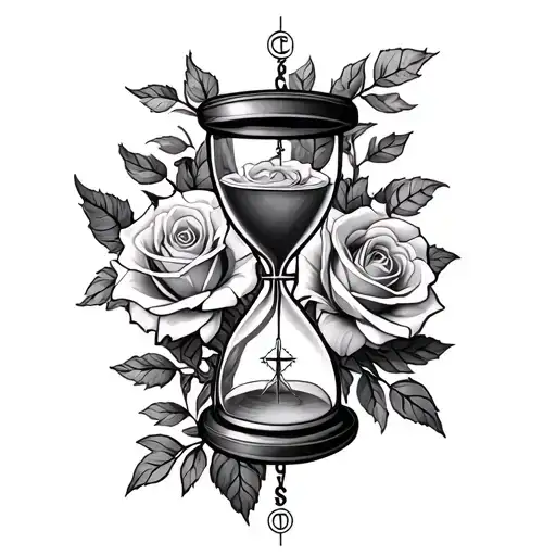Roses Surrounded By Hourglass And Compass Floral Sleeve Tattoo Design