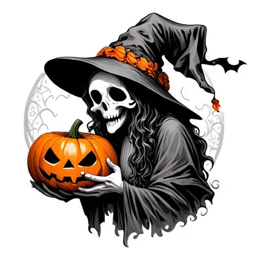 Ghost With Witch Hat Holding A Pumpkin