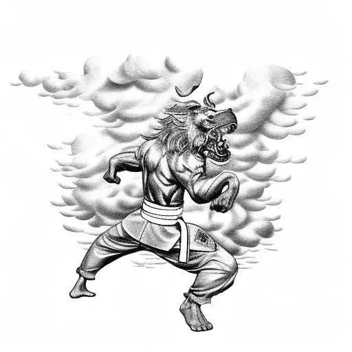 A Dynamic Scene Of A Foo Dog Performing Karate Moves Amidst Japanese Clouds