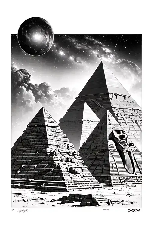 3 Pyramids Of Giza With Thoth Egyptian God In The Forefront And A Galaxy Overhead