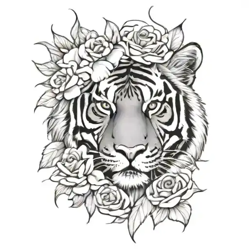 Tiger With Roses And Tiger Lillies