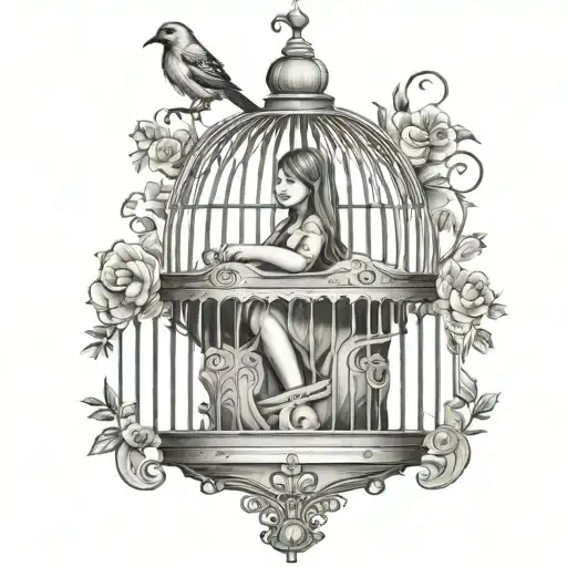 A Girl In An Open Ornate Bird Cage