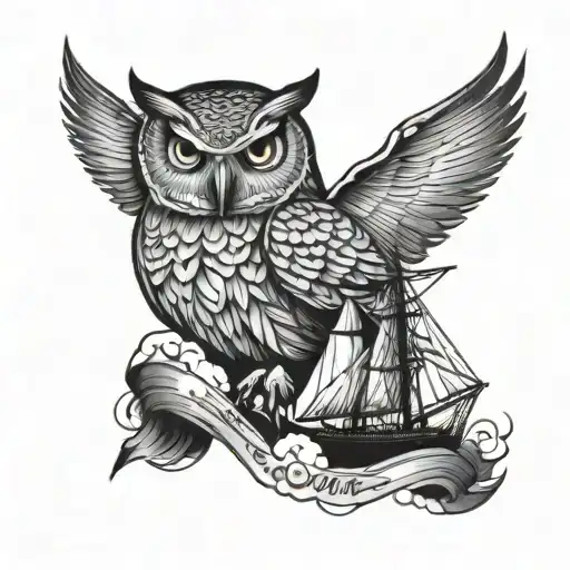 Owl Over Sailing Ship Sailing Through Stormy
